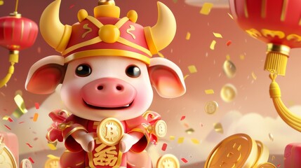 This cute cow is eating gold coin cookies and translating it as: "Autiful, Fortune, I wish you good luck in the future."