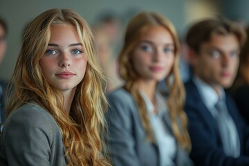 A portrait of a young woman with captivating eyes attending a professional business meeting