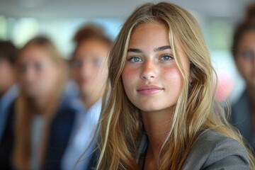 Fototapeta premium Young woman with a thoughtful expression against a backdrop of blurred business meeting attendees