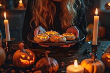 Young Caucasian Woman Celebrates Halloween with Spooky Pumpkin Cookies on Black Wooden Table with Candles