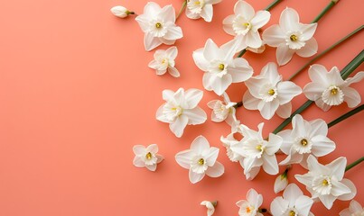 Narcissus flowers arrangement on peach background, Generative AI