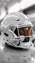 Fototapeta premium a modern white American football helmet, emphasizing safety and style. Capture the essence of American football with a focus on the sleek design and safety features of the helmet