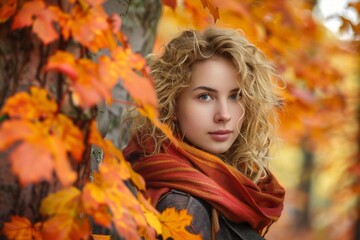 Naklejka na ściany i meble Young Caucasian woman posing among vibrant autumn foliage in a park