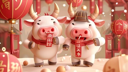 Obraz premium The Chinese zodiac sign for 2021 is the ox, which is illustrated by two cute cows holding square couplets at a party. Translation: Happy lunar new year!