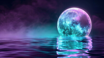 a realistic 3D moon made out of glass dipping in water with rippling effect, premium purple and teal gradient