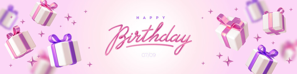 Birthday greeting design. Banner with 3d white gift boxes with pink and purple ribbon and bow. Birthday celebration concept. Vector background.