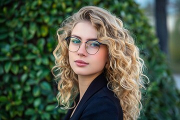 Obraz premium Young Caucasian Professional with Blonde Curly Hair and Glasses Beams with Style