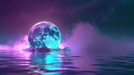 Naklejka na ściany i meble a realistic moon made out of glass dipping in water with rippling effect, premium purple and teal gradient