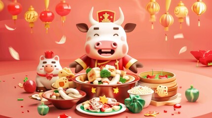 Obraz premium An attractive promotional poster for a Chinese restaurant for New Year features a cow chef serving tasty Chinese dishes on a round table. Available for preorder now.