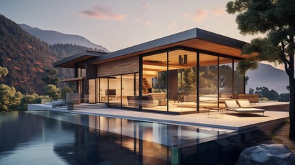 Modern exterior of a luxury villa in a minimal style. Glass house in the mountains. Magnificent mountain views from the veranda of a modern villa.