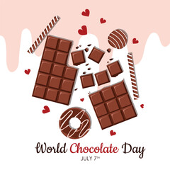 International World Chocolate Day for poster. Chocolate, donuts, cakes. Social Media Post Template Flat Cartoon Background Vector Illustration.