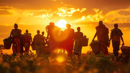 African Farmers Walking Home: Silhouetted Figures Against Warm Sunset, Colorful Baskets.