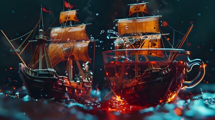 Microscopic Pirate Ships Battling: Dramatic Closeup in Coffee Cup