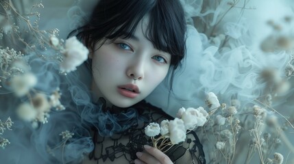 Elegant feminine young asian brunette girl with piercing in her nose and white skin against misty flowers wearing black lace dress  