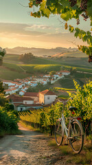 Breathtaking bike ride through Portuguese vineyards, showcasing rolling hills, wine estates, and historic villages in a photo realistic concept