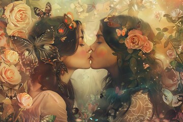 romantic fantasy illustration of two women kissing amidst blooming roses and fluttering butterflies digital artwork