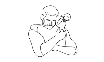 Man hugs daughter continuous line art drawing isolated on white background. Sadness, support, sympathy, help, love. Vector illustration