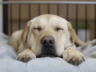 A dog is sleeping on a bed. The dog is brown and has a black nose. The bed is covered in a gray blanket - Powered by Adobe