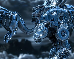 Show the robotic lion prowling at eye level, its metallic fur gleaming in the moonlight, embracing the challenge of creating a lifelike 3D render