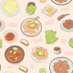korean food, top view. seamless pattern of korean food. illustration of korean food.
