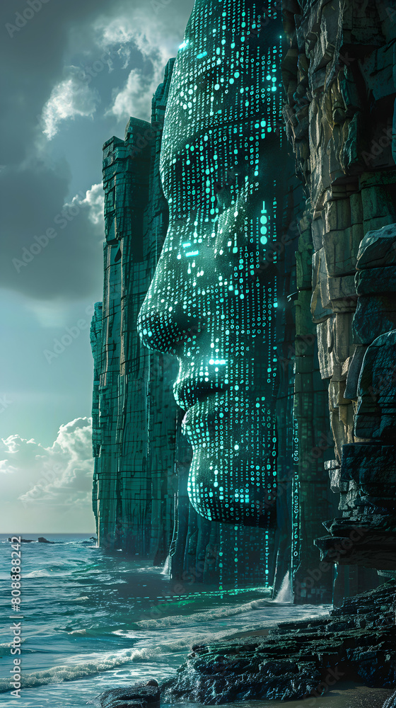 Poster digital code bluffs: towering binary bluffs overlooking a digital sea in photo realistic concept