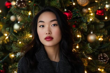 Young Asian Woman Poses in Front of Festive Holiday Tree - Ideal for Your Design Needs!