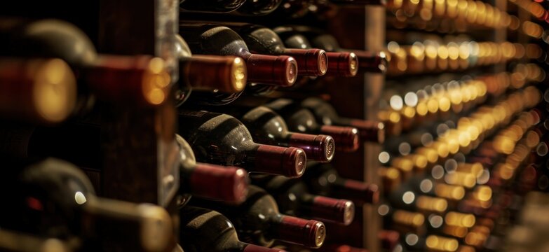 Resting wine bottles stacked on wooden racks in cellar