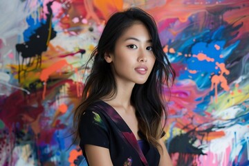 Fototapeta premium Young Asian Woman's Creative Journey: Vibrant Brush Strokes Unveiled