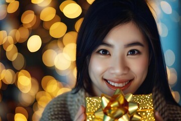 Naklejka premium Young Asian Woman Holding Shiny Gold Gift Bow in AI Generated Holiday Background