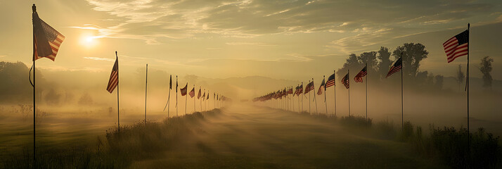 An early morning mist enveloping the field of flags, creating an ethereal and solemn atmosphere, Memorial Day, with copy space - Powered by Adobe