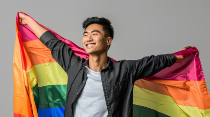Portrait of a group Asian young gay man happy while posing with gay pride rainbow flag at studio over gray background. People lifestyle fashion lgbtq concept Stock Photo photography