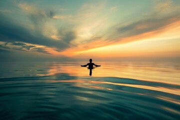silhouette of person floating peacefully in calm sea embracing tranquility and freedom abstract photograph