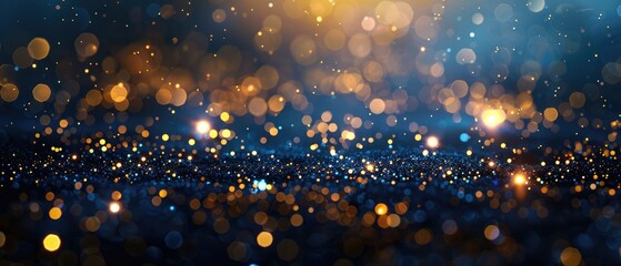 Dark blue and gold abstract Christmas background with shining golden light particles and bokeh on navy blue background with gold foil texture holiday concept.