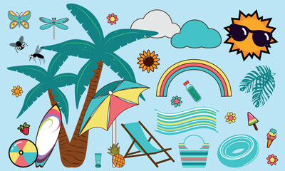 Set of summer icons on a blue background. Vector illustration in cartoon style.