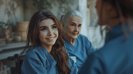 A young beautiful nurse is smiling with an senior woman in her home.