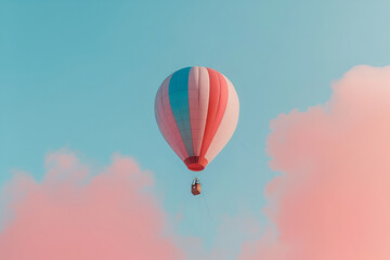 Obraz premium hot air balloon in sky, Air balloons with alarm clock on table against light background.