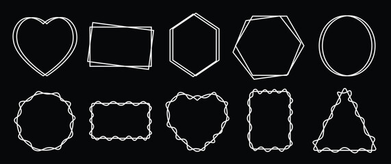 Geometric frames vector set, simple line art simple line art border with various shapes, editable outline illustartion, white on black background