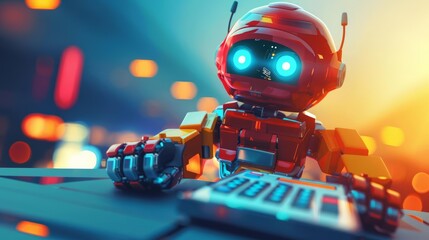 Small red robot is sitting on the desk and typing on the keyboard