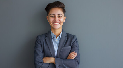 Portrait of businesswoman LGBTQ tomboy as a man in a suit looking at the camera with a smile while standing arms crossed on a gray background. Gender diversity concept. Space for text Stock Photo phot