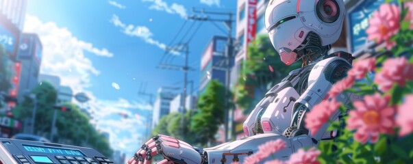 The robot is picking flowers on the roadside. The background is a city with skyscrapers. The sky is blue and there are some clouds.