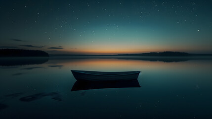 A small rowboat floating on the calm lake at night