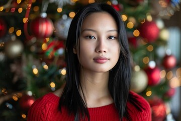Young Asian Woman with Christmas Decorations in Background