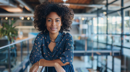 Portrait of confident multiracial LGBTQ mid adult woman leaning on railing in modern office space Stock Photo photography - Powered by Adobe