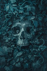 Floral Adorned Skull in Moody Blue Tones
