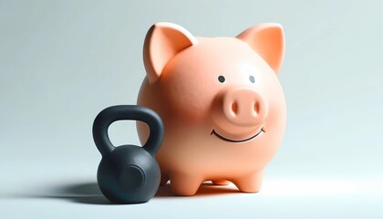 piggy bank with kettlebell on a plain background illustrating financial strength and wellness planning for emergency situation