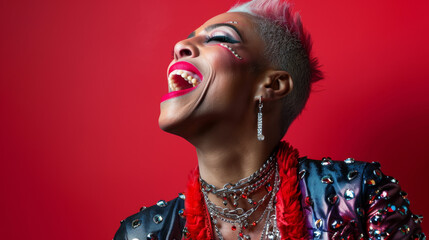 Portrait of drag queen laughing on red background. Gender fluid person dressed as female laughing. Stock Photo photography