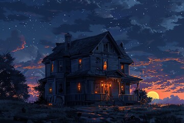 A decrepit haunted house with a starry night sky and a blood red moon. There is a forest of dead trees behind the house.