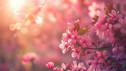 Pink Blossom Border: Spring Background Art, Beautiful Nature Scene with Sun Flare.