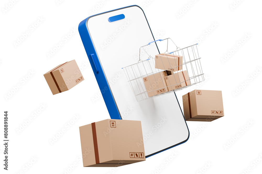 Wall mural 3d mobile phone with shopping cart and cardboard box inside metal shopping cart icon isolated on blu