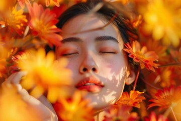 Autumn Floral Abstract Background featuring Young Asian Woman